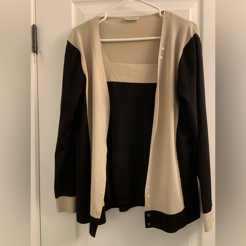 Two-Tone Black and Cream Button-Front Cardigan by EILEEN FISHER